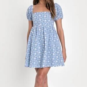 Lulus Women's Fit To Frolic Eyelet Lace Puff Sleeve Babydoll Dress Large Blue